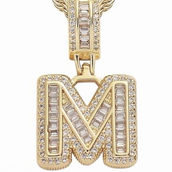 Letter "M" Iced Out Initial Pendant Gold Plated Necklace w/ CZ Rhinestones - Picture 1 of 6